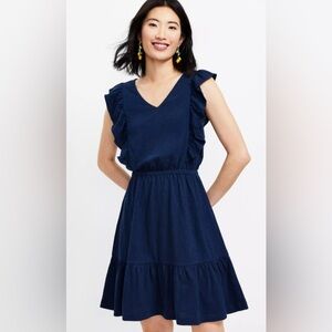 LOFT RUFFLE SLEEVE ELASTIC WAIST NAVY BLUE DRESS SIZE XS